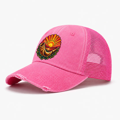 Shofar Sunrise Judaism Heritage Washed Trucker Hat – Rose