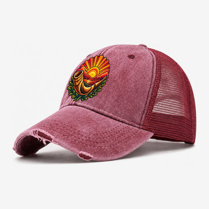 Shofar Sunrise Judaism Heritage Washed Trucker Hat – Wine Red