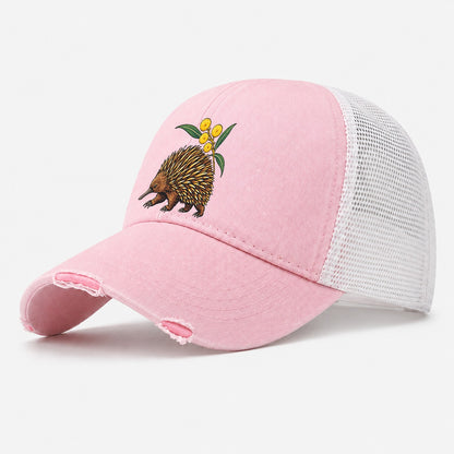 Short Beaked Echidna And Golden Wattle Australia Cultural Icons Washed Trucker Hat – Light Pink