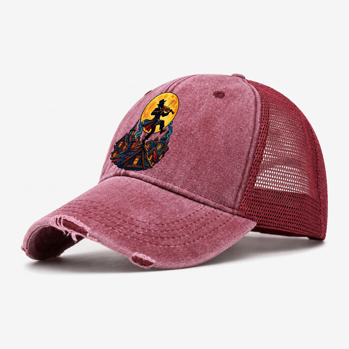 Shtetl Fiddler Roof Judaism Heritage Washed Trucker Hat – Wine Red