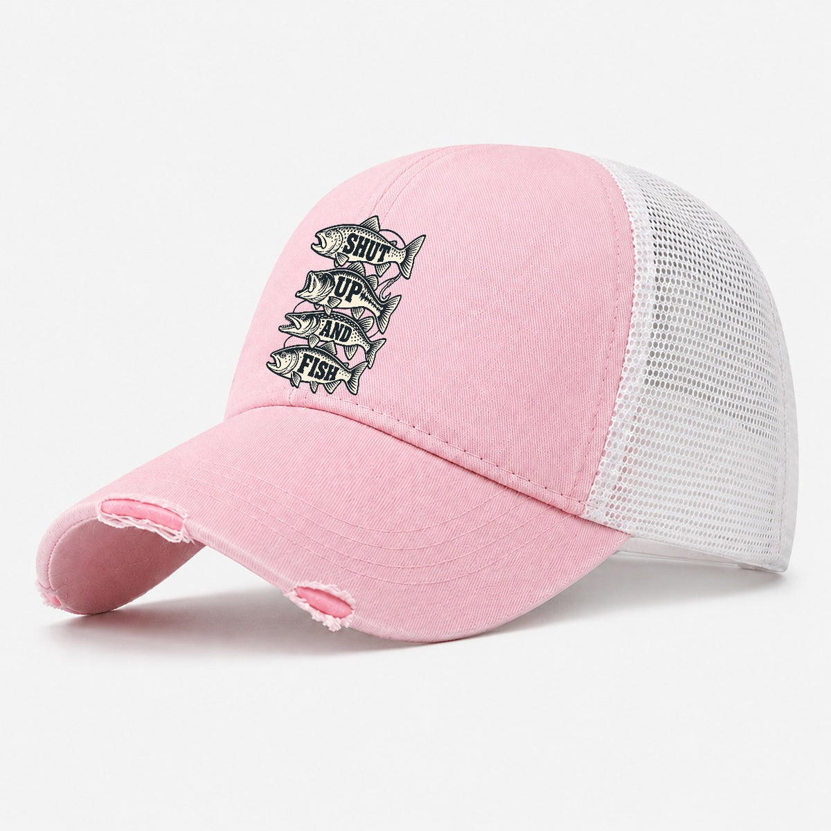 Shut Up And Fish Fishing Elegant Washed Trucker Hat – Light Pink