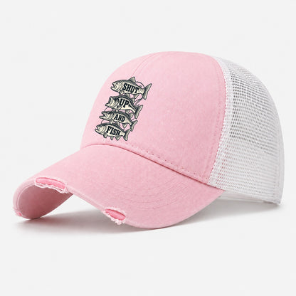 Shut Up And Fish Fishing Elegant Washed Trucker Hat – Light Pink