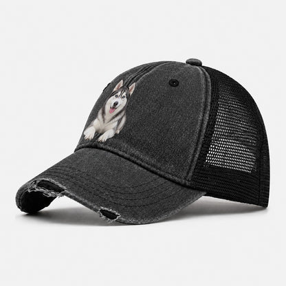 Siberian Husky Sitting Top Breeds Washed Trucker Hat – Black