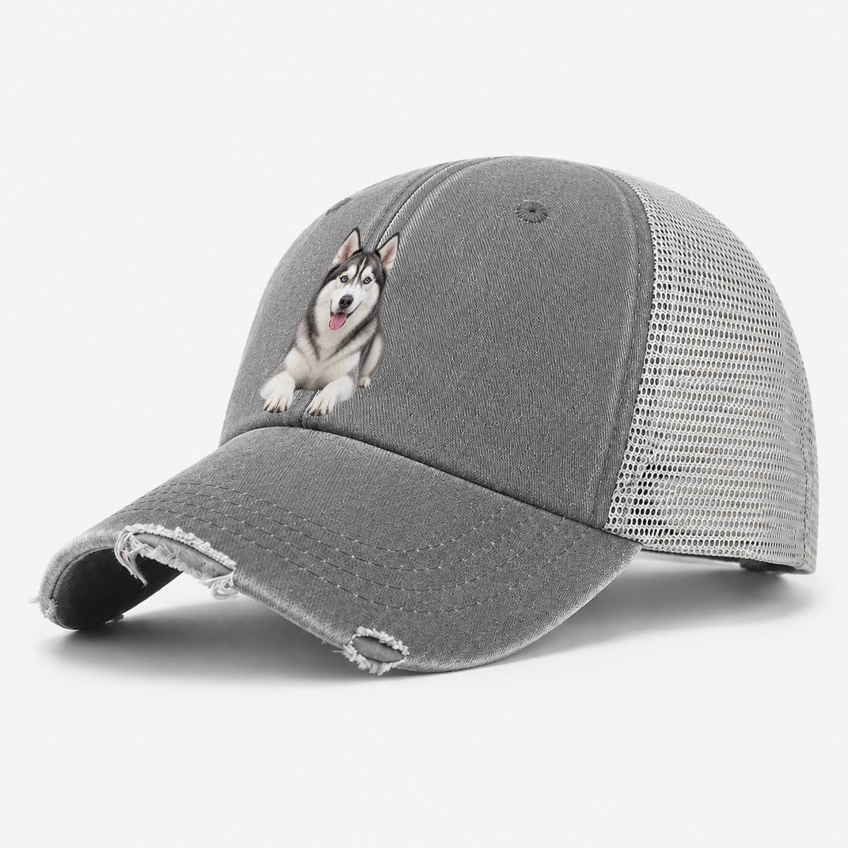 Siberian Husky Sitting Top Breeds Washed Trucker Hat – Grey
