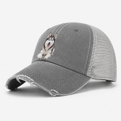 Siberian Husky Sitting Top Breeds Washed Trucker Hat – Grey