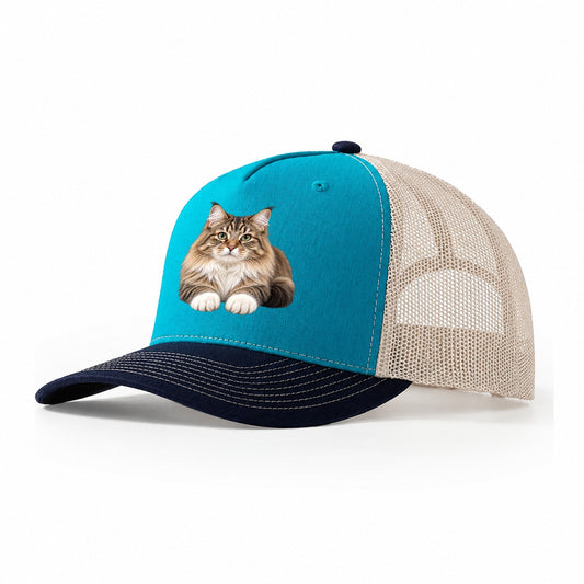 Siberian Reclining Paws Forward Realistic Cat Portrait Trucker Hat – Teal Navy