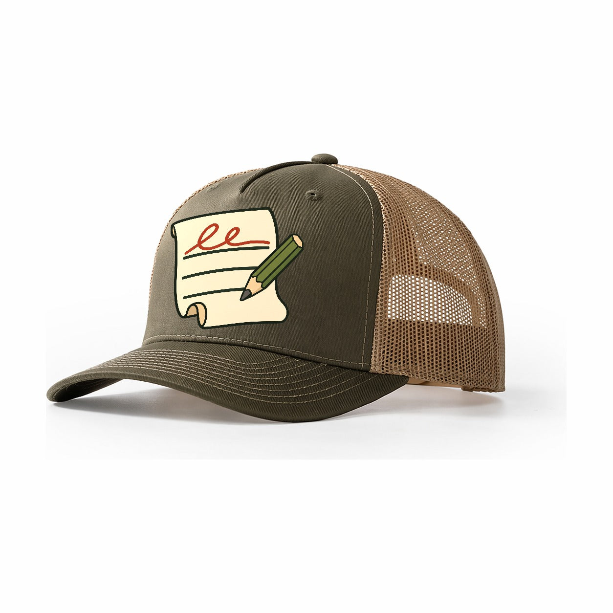 Signature Line And Pencil Geocaching Trucker Hat – Olive Khaki