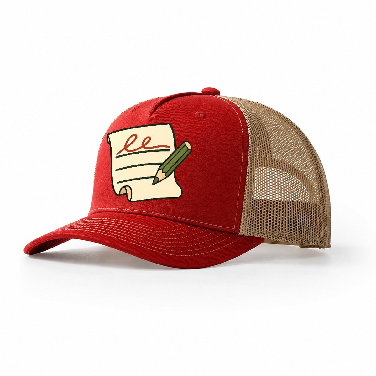 Signature Line And Pencil Geocaching Trucker Hat – Red Khaki