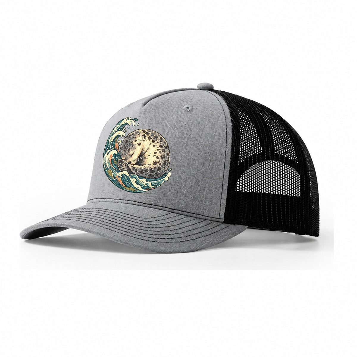 Sleeping Seal Tide Crescent Gentle Wild Trucker Hat – Sport Grey Black