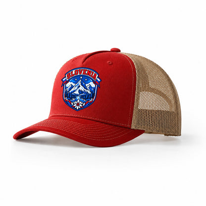 Slovenia Retro Badge Country Logos Trucker Hat – Red Khaki
