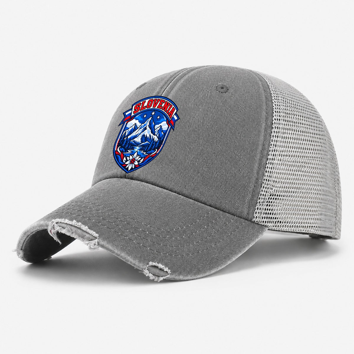 Slovenia Retro Badge Country Logos Washed Trucker Hat – Grey