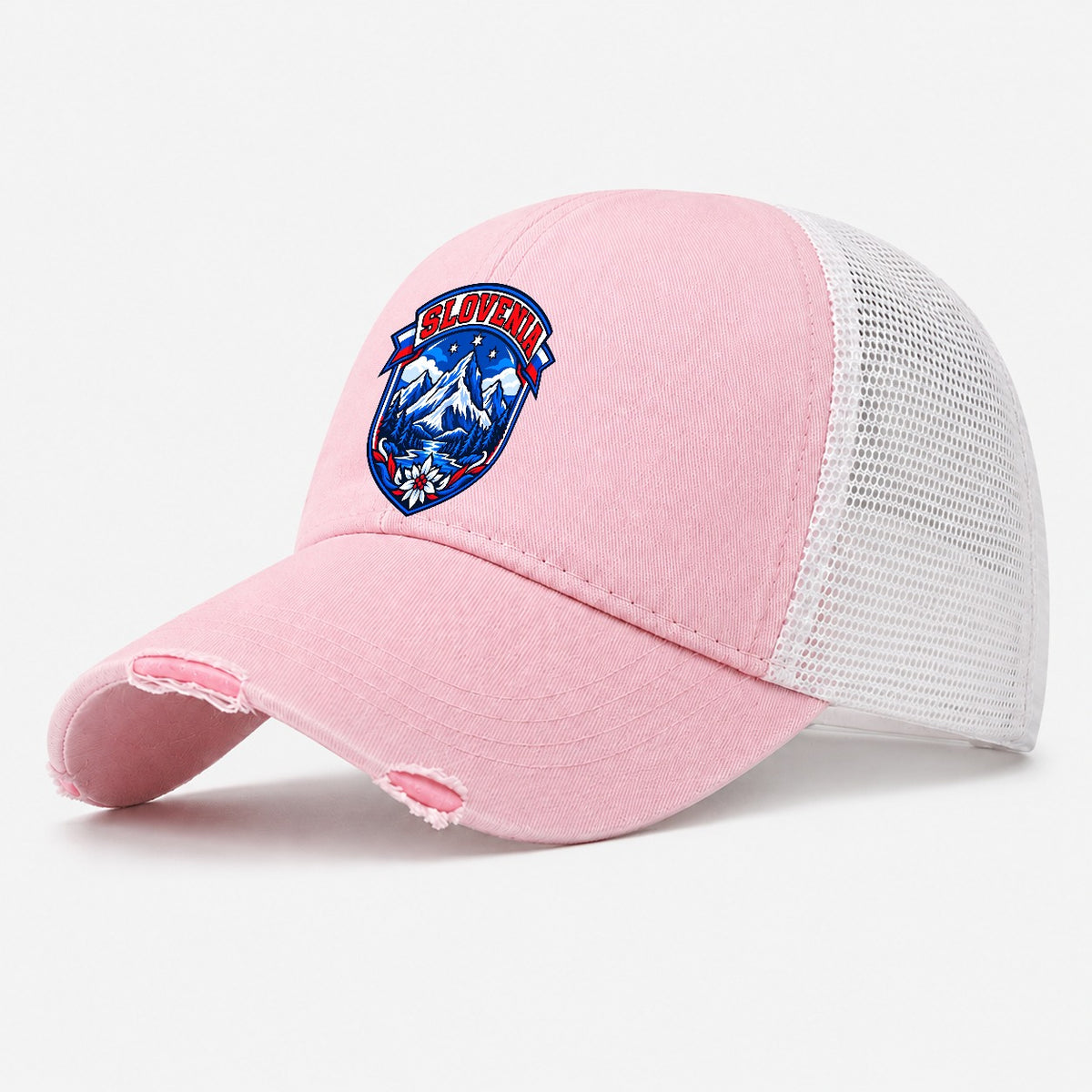 Slovenia Retro Badge Country Logos Washed Trucker Hat – Light Pink