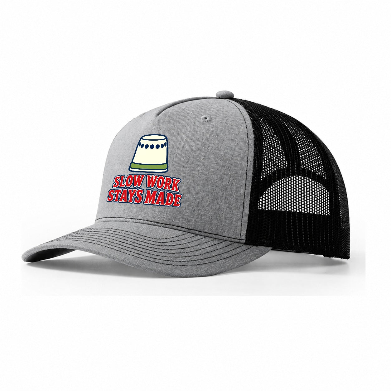 Slow Work Stays Made And Needlework Trucker Hat – Sport Grey Black