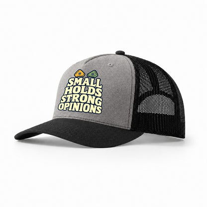 Small Holds Strong Opinions Rock Climbing Trucker Hat – Grey Black