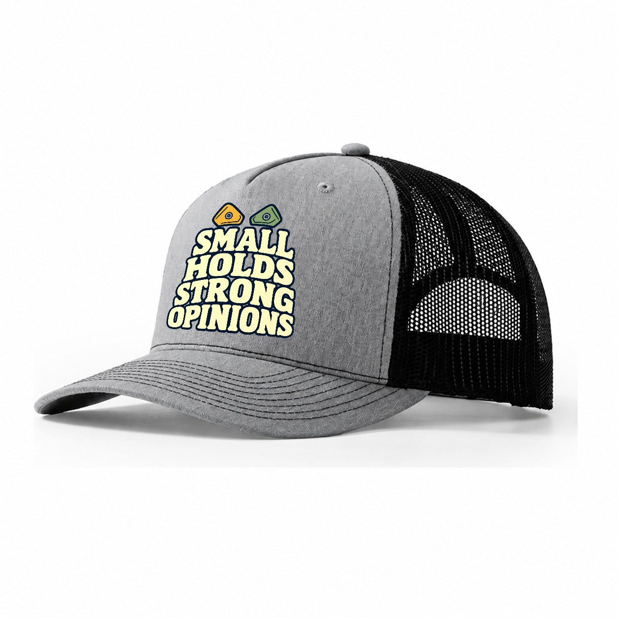 Small Holds Strong Opinions Rock Climbing Trucker Hat – Sport Grey Black