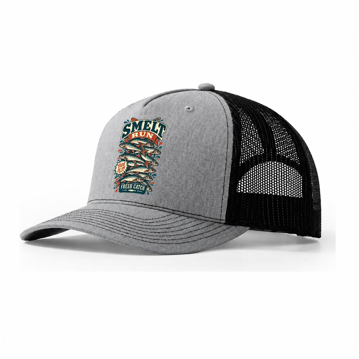 Smelt Run Column Fishing Club Trucker Hat – Sport Grey Black
