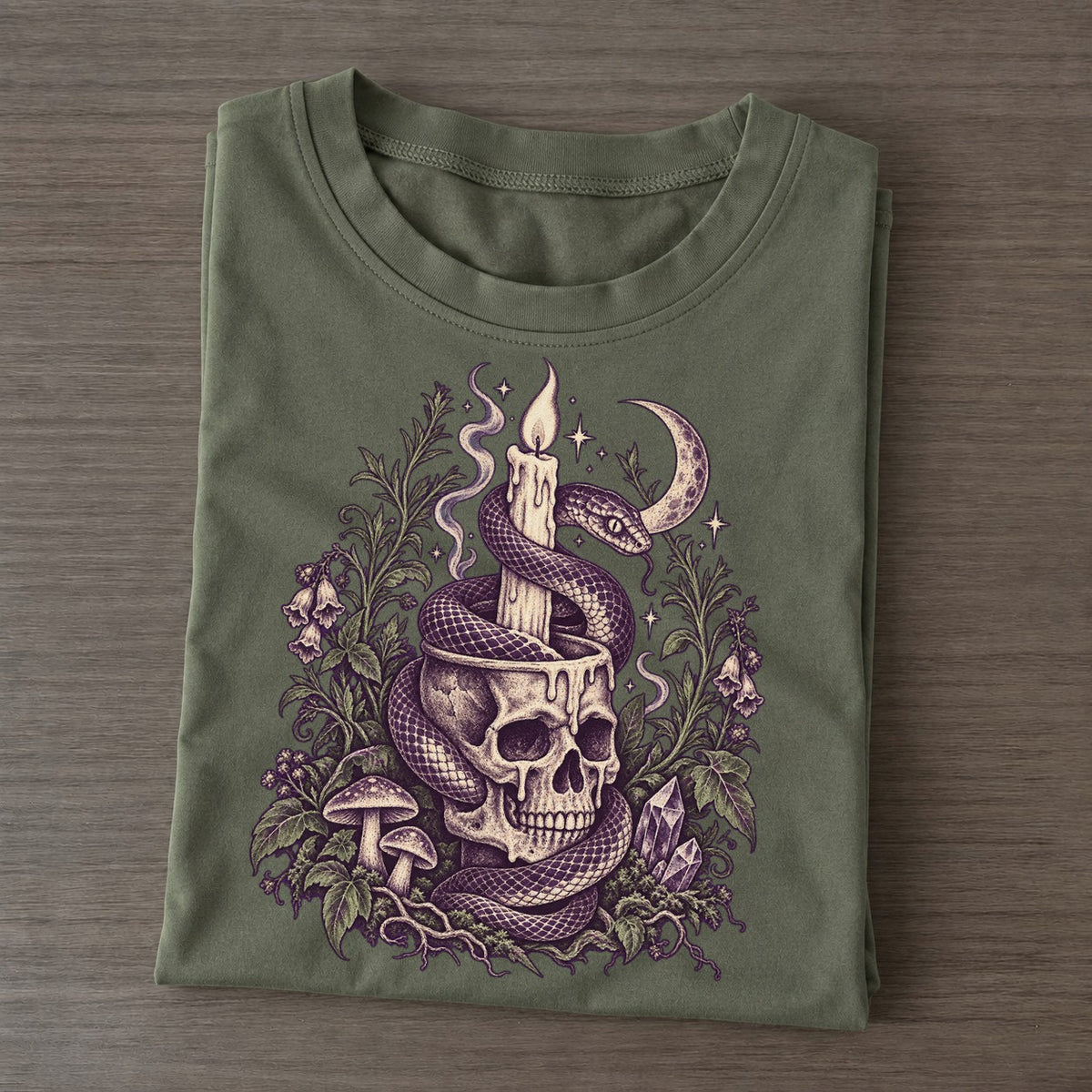Snake Skull Candle Midnight Haunt Classic T-shirt – Army Green
