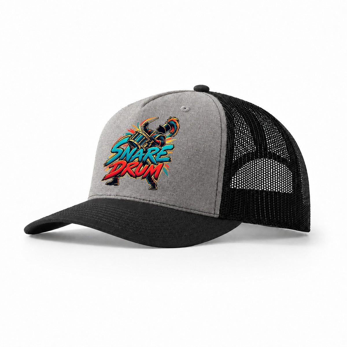 Snare Drum Wordmark Music Instruments Trucker Hat – Grey Black