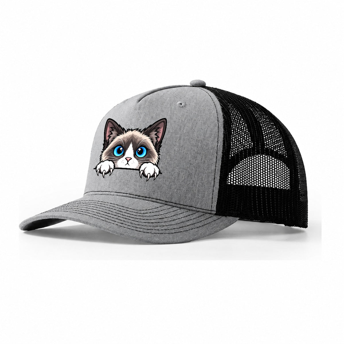 Snowshoe Cat Peeking Peeking Cats Trucker Hat – Sport Grey Black