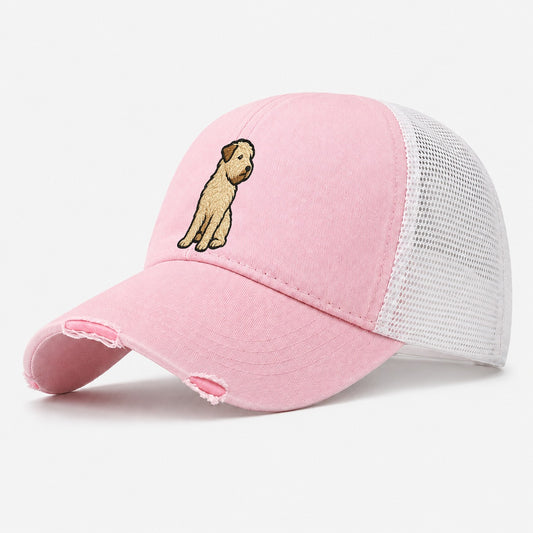 Soft Coated Wheaten Terrier Light Tan Flowing Coat Embroider Washed Trucker Hat – Light Pink