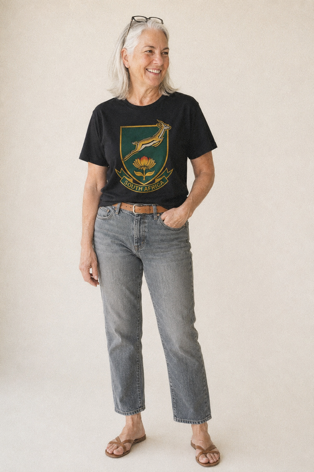 South Africa Springbok Emblem Springbok With Protea Green Go Classic T-shirt – studio model photo