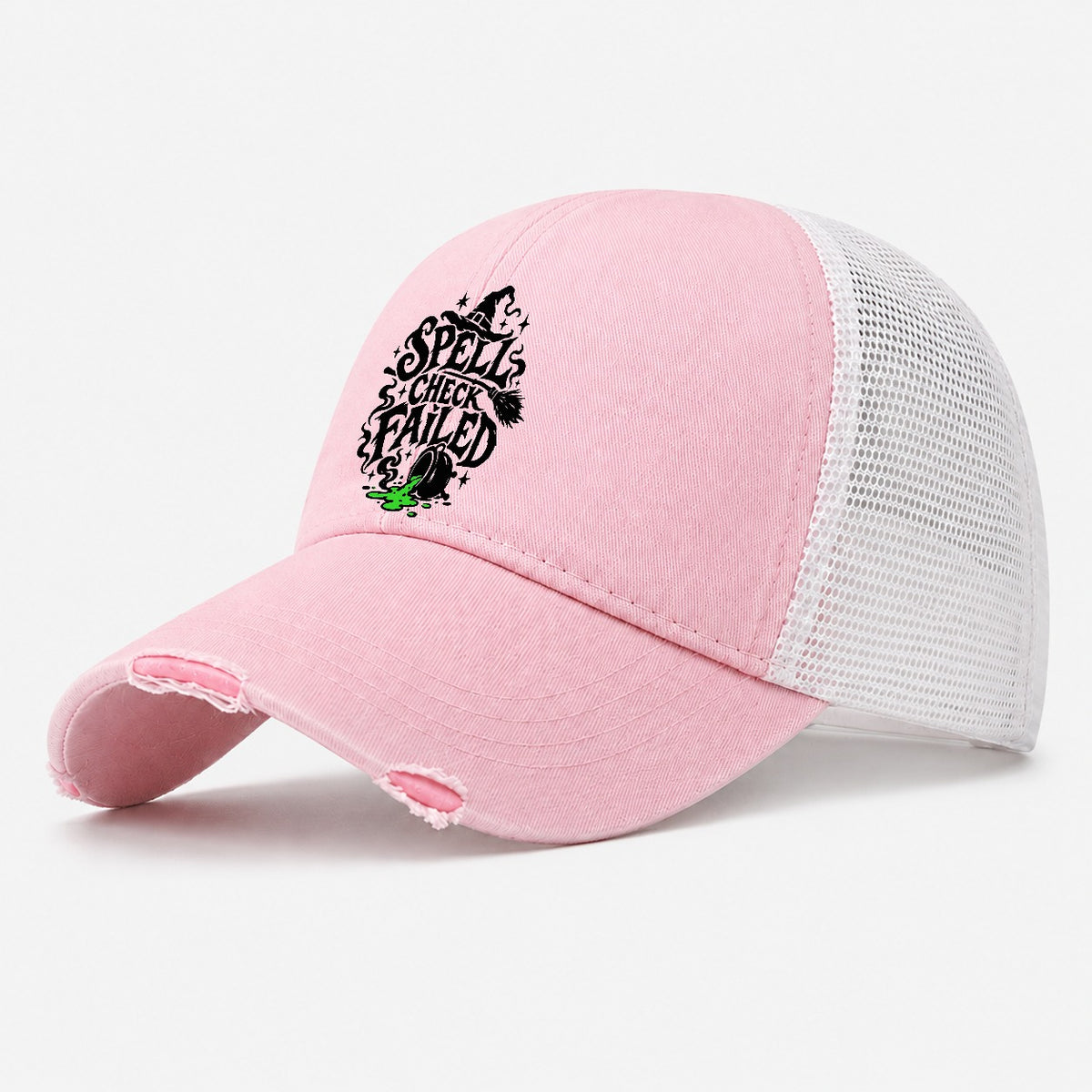 Spell Check Failed Slogan Witch Magic Washed Trucker Hat – Light Pink