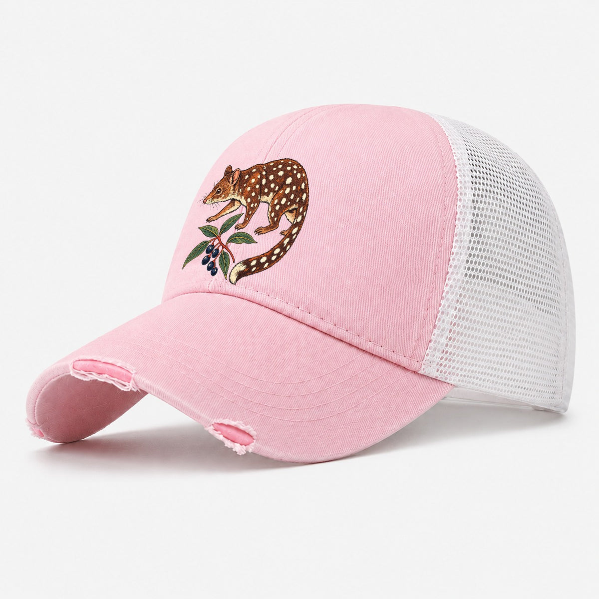 Spotted Tail Quoll And Mountain Pepper Berries Australia Cultural Icons Washed Trucker Hat – Light Pink
