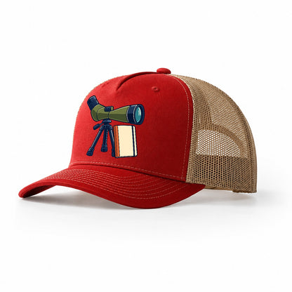 Spotting Scope And Notebook Birdwatching Trucker Hat – Red Khaki
