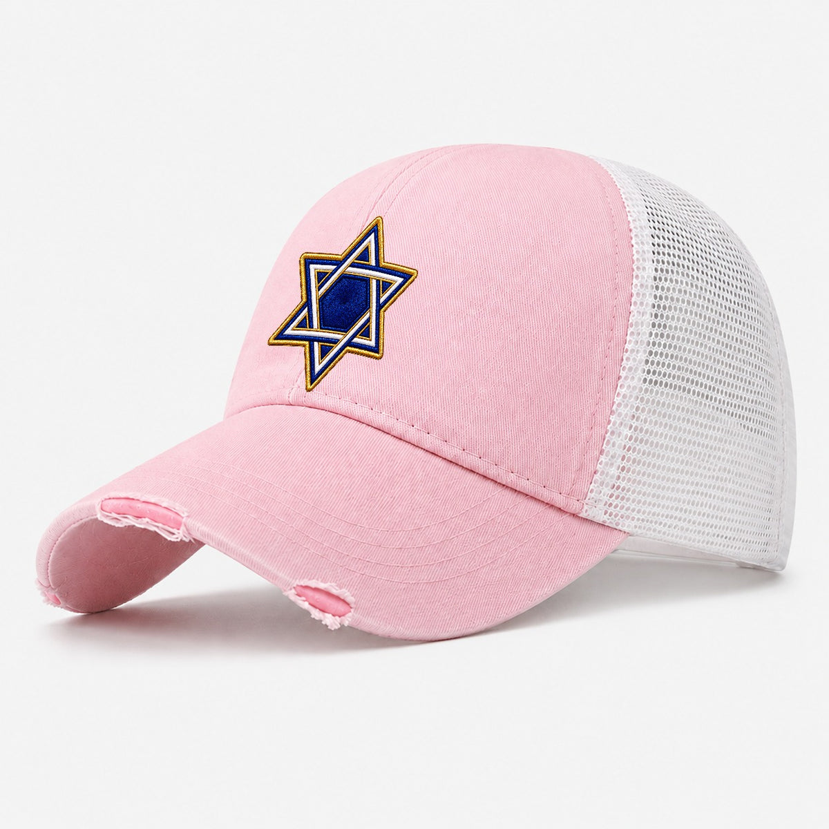 Star Of David Embroidered Patch Judaism Heritage Washed Trucker Hat – Light Pink