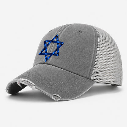 Star Of David Single Line Judaism Heritage Washed Trucker Hat – Grey