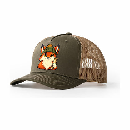 Stargazing Fox In A Beanie Astronomy And Stargazing Trucker Hat – Olive Khaki