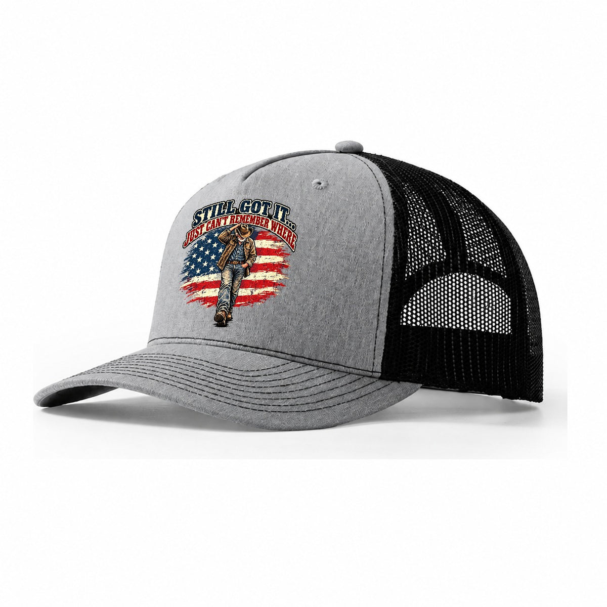 Still Got It Just Can T Remember Where Old Man Strong Trucker Hat – Sport Grey Black