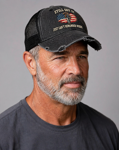 Still Got It... Just Can't Remember Where Old Man Strong Washed Trucker Hat – studio model photo