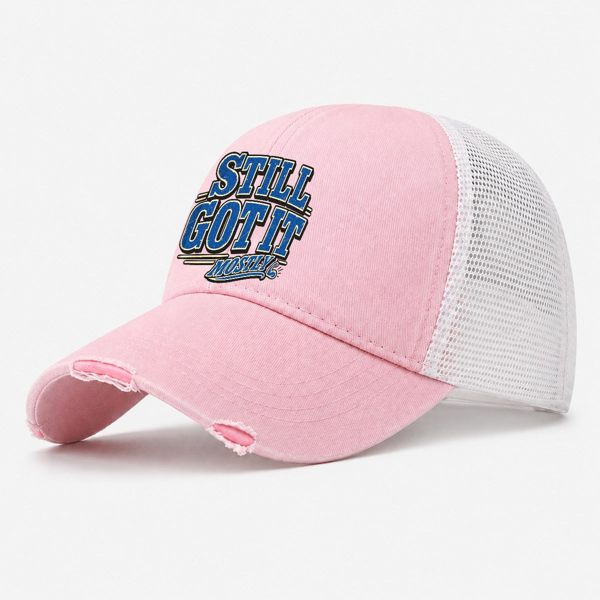 Still Got It Mostly American Wit Washed Trucker Hat – Light Pink