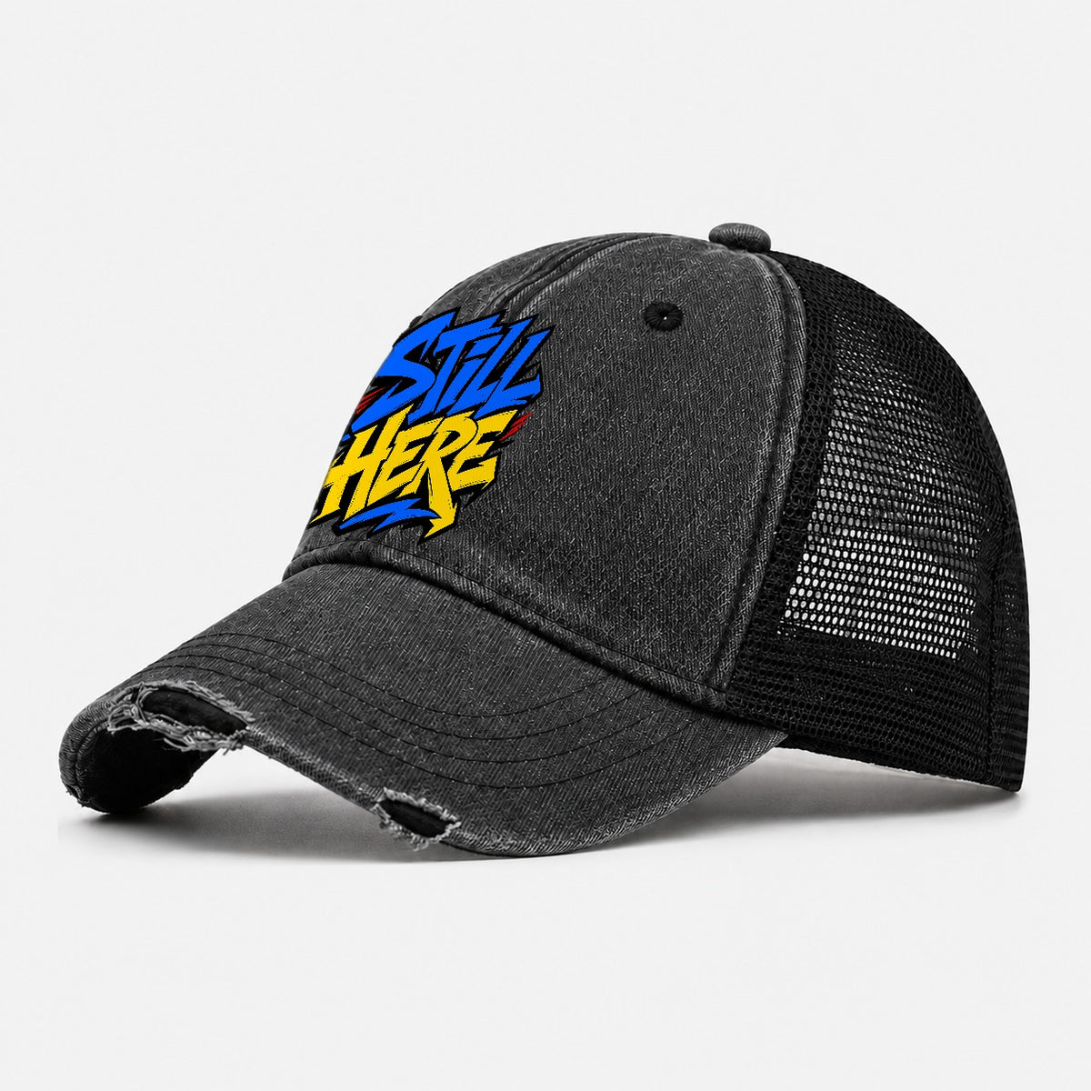 Still Here Tee Graphic Washed Trucker Hat – Black