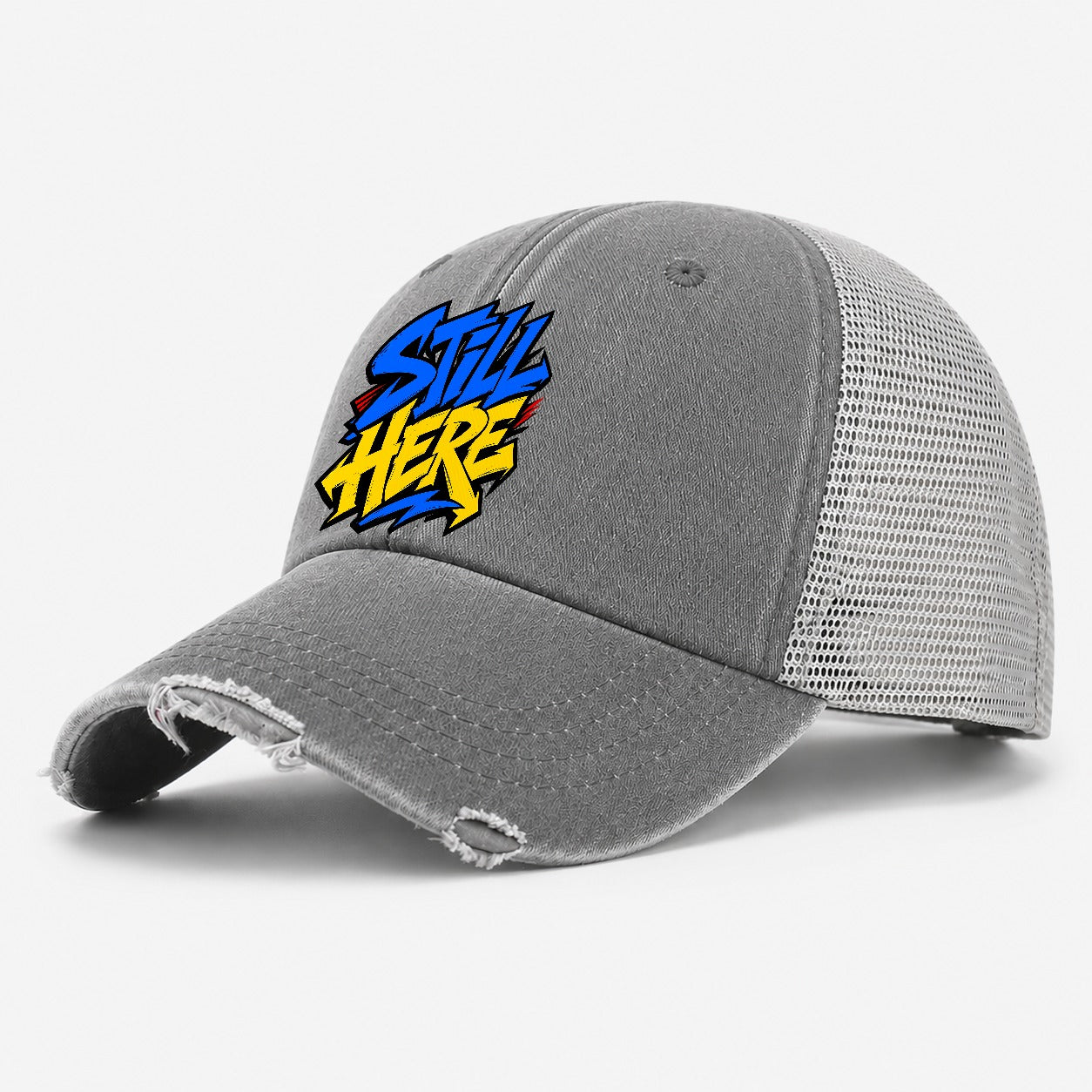 Still Here Tee Graphic Washed Trucker Hat – Grey