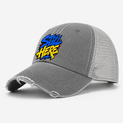Still Here Tee Graphic Washed Trucker Hat – Grey