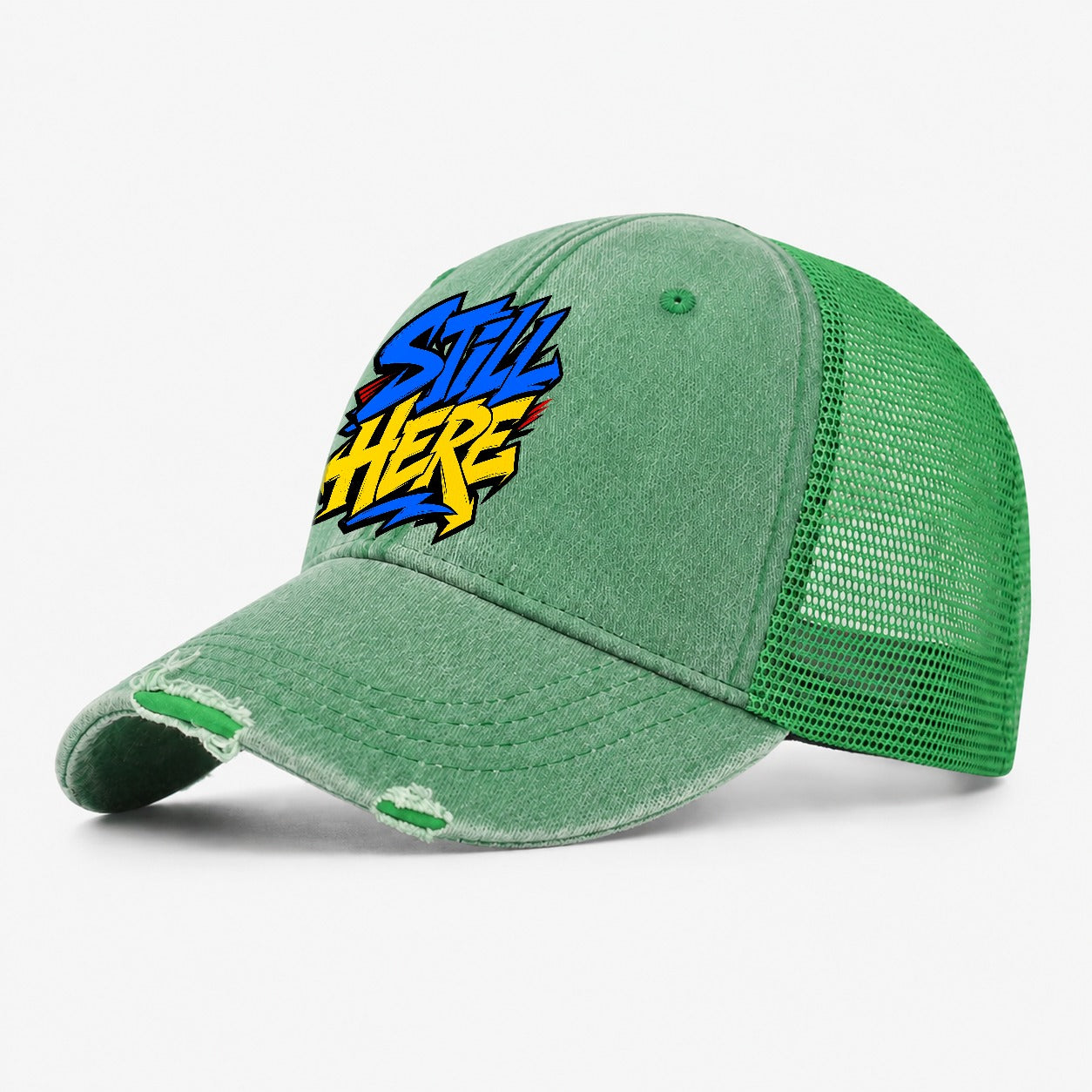Still Here Tee Graphic Washed Trucker Hat – Ink Green