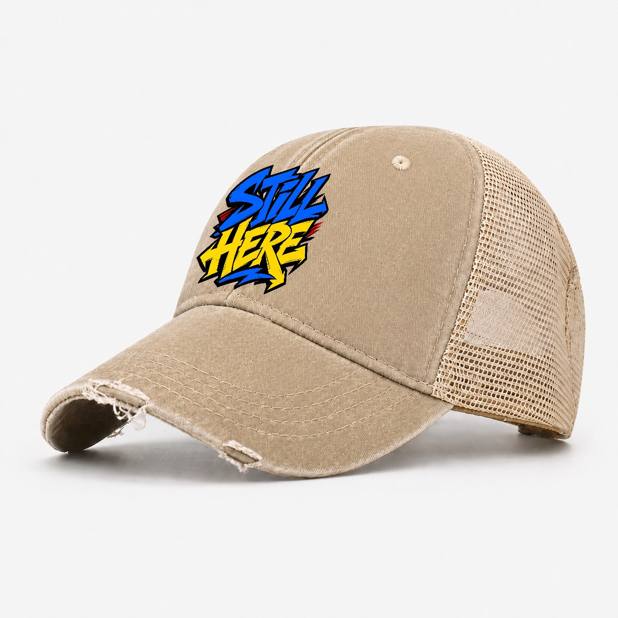 Still Here Tee Graphic Washed Trucker Hat – Khaki