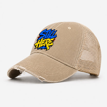 Still Here Tee Graphic Washed Trucker Hat – Khaki