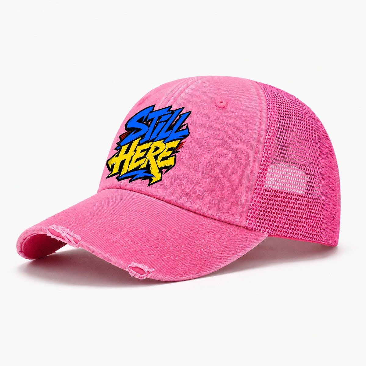 Still Here Tee Graphic Washed Trucker Hat – Rose