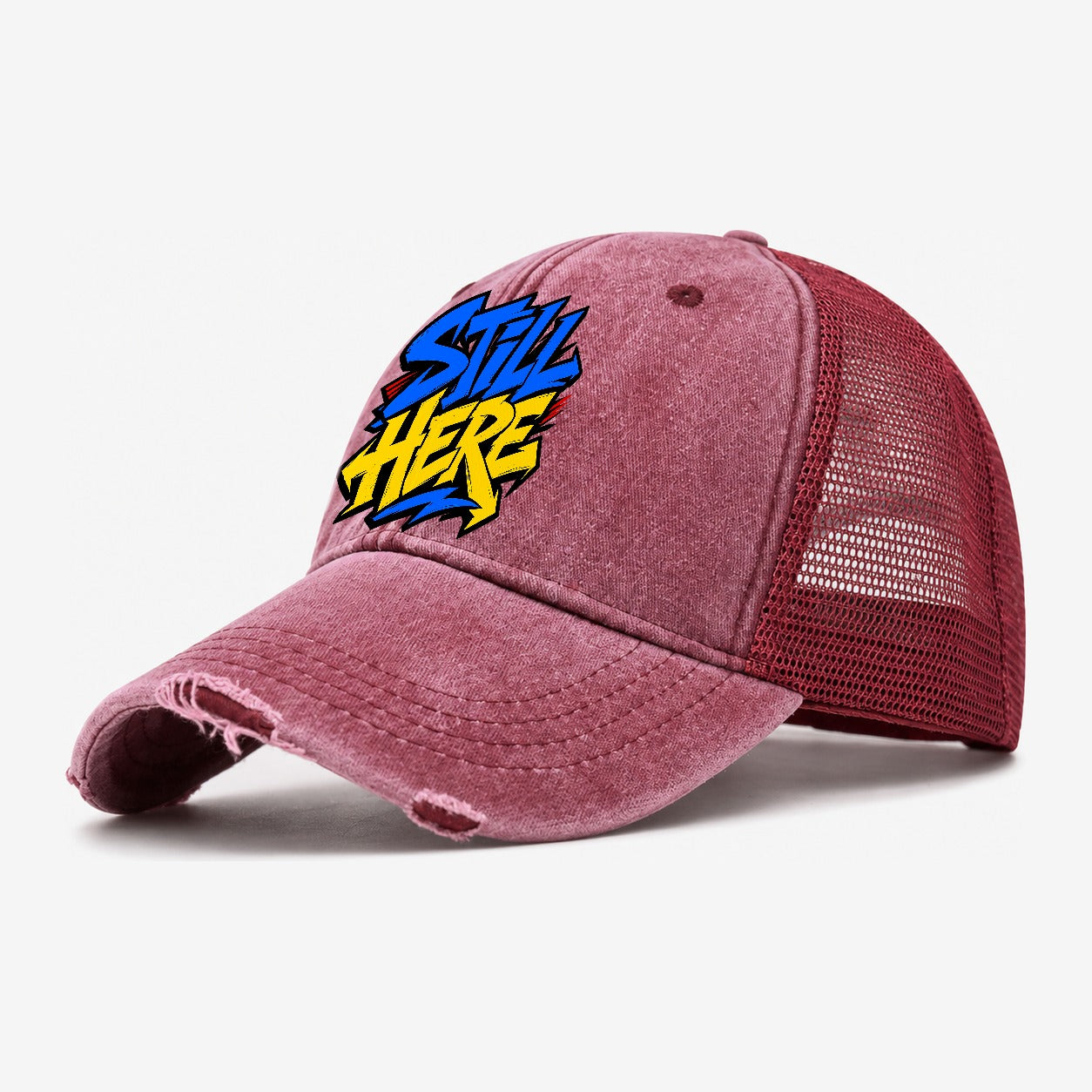 Still Here Tee Graphic Washed Trucker Hat – Wine Red