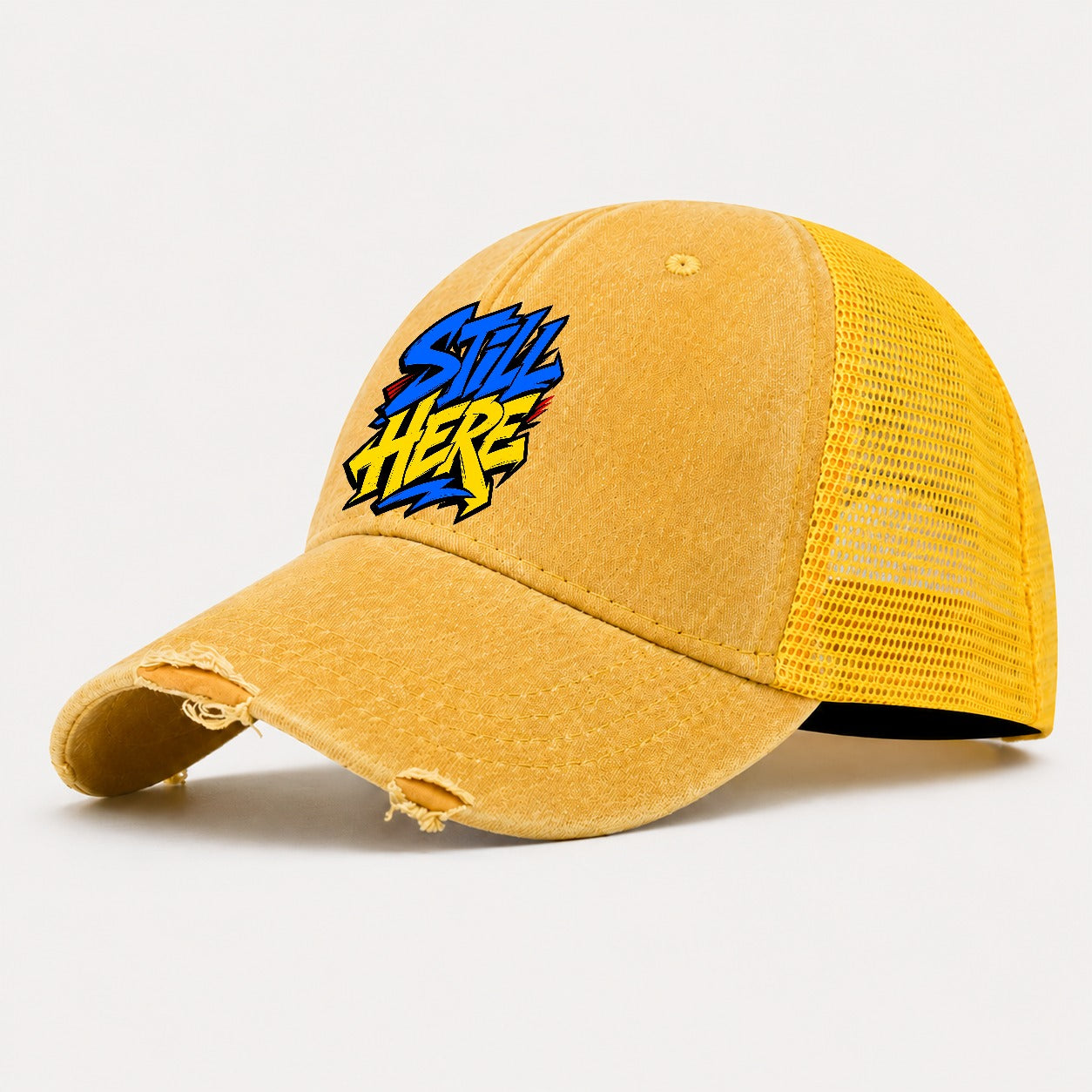 Still Here Tee Graphic Washed Trucker Hat – Yellow