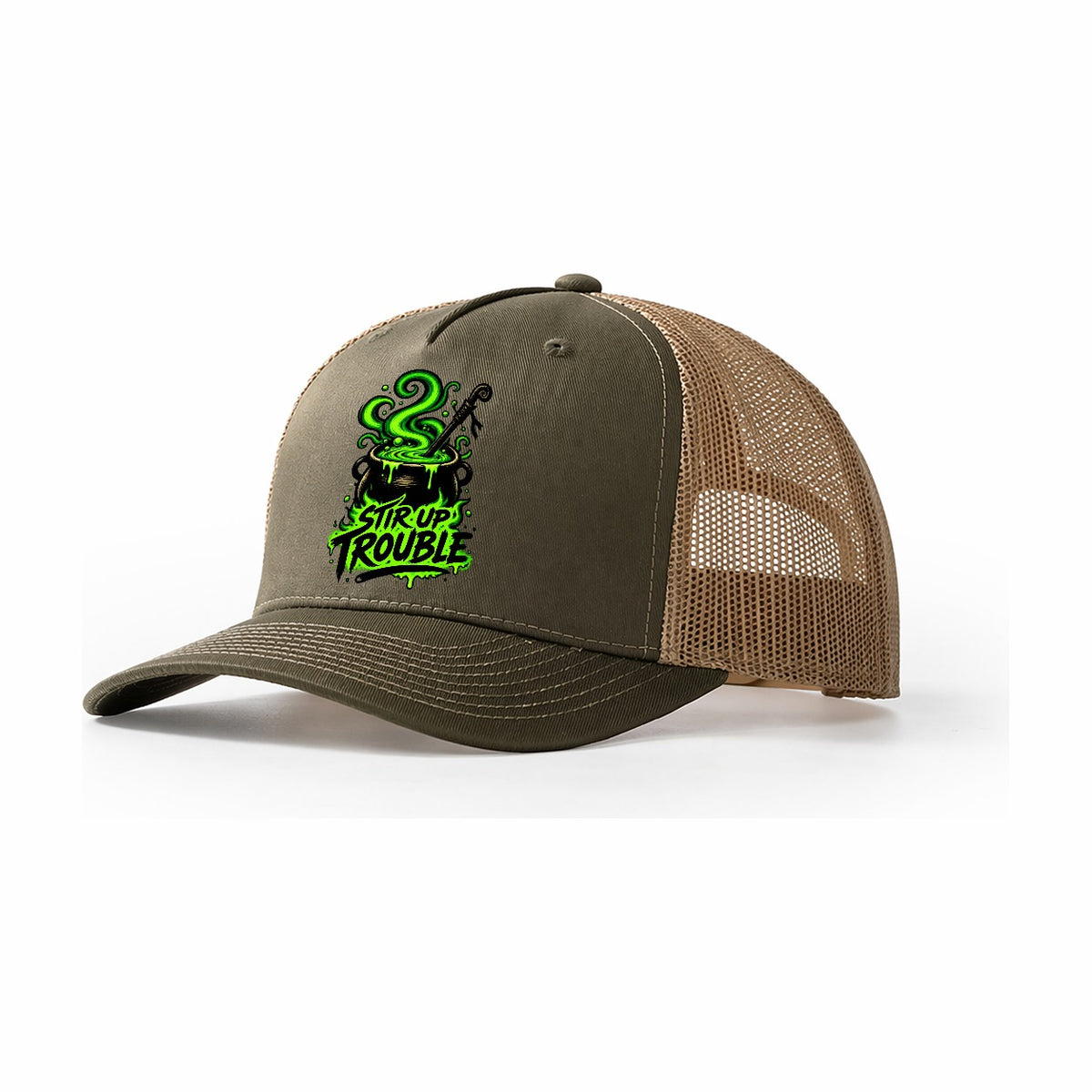 Stir Up Trouble Slogan Witch Magic Trucker Hat – Olive Khaki