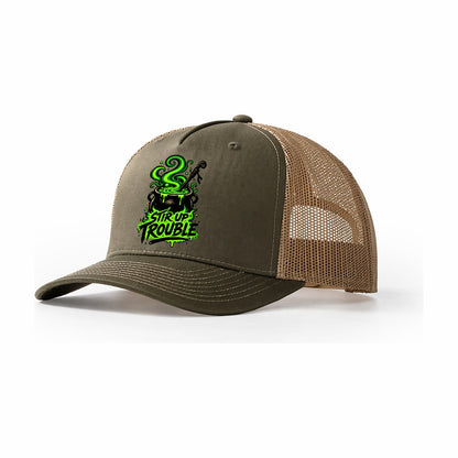Stir Up Trouble Slogan Witch Magic Trucker Hat – Olive Khaki