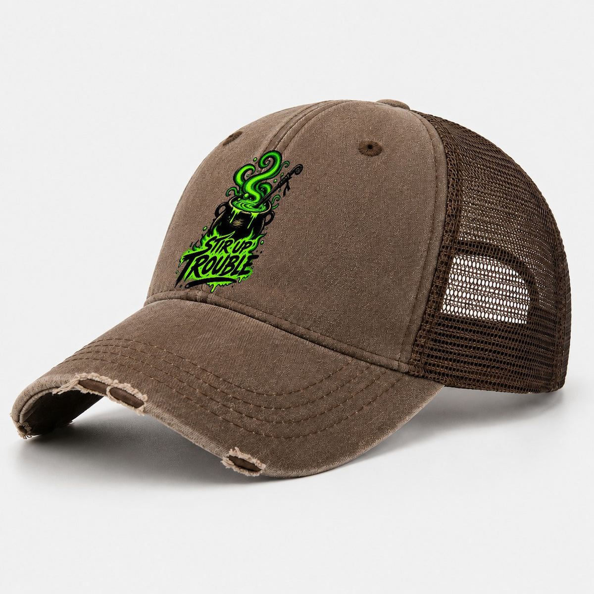 Stir Up Trouble Slogan Witch Magic Washed Trucker Hat – Coffee