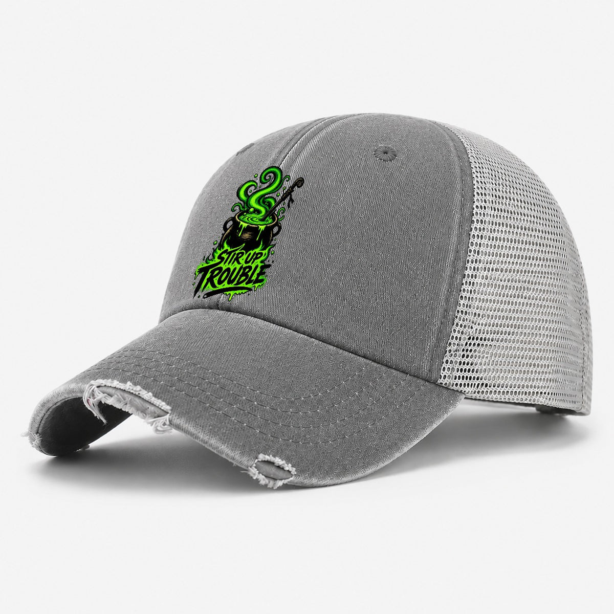 Stir Up Trouble Slogan Witch Magic Washed Trucker Hat – Grey