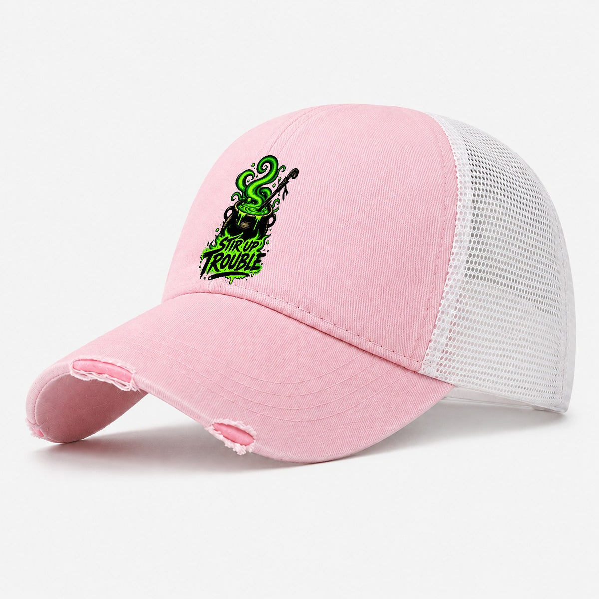Stir Up Trouble Slogan Witch Magic Washed Trucker Hat – Light Pink