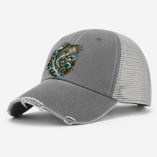 Striped Bass Surge Fishing Club Washed Trucker Hat – Grey