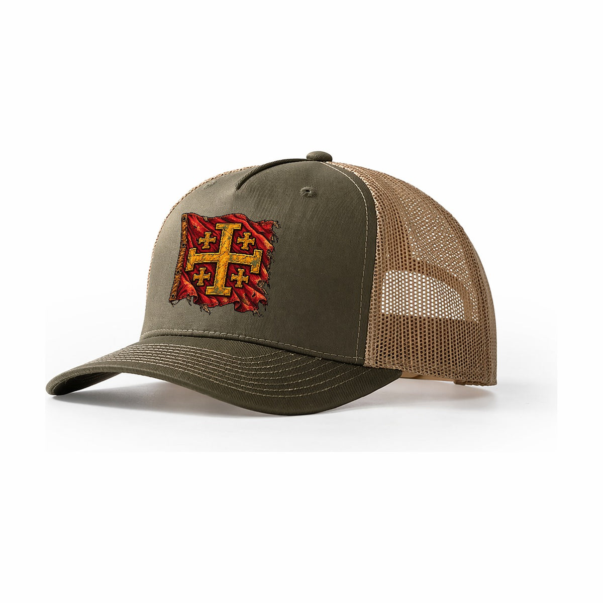 Sun Bleached Linen Flag Jerusalem Cross Trucker Hat – Olive Khaki